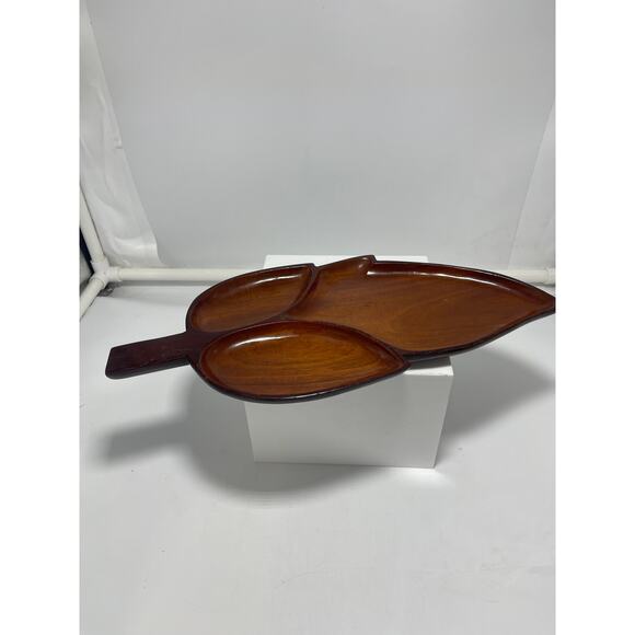 Fine Mahogany Leaf Wood Tray 3 section 18" Handmade Haiti Vintage - Picture 3 of 8